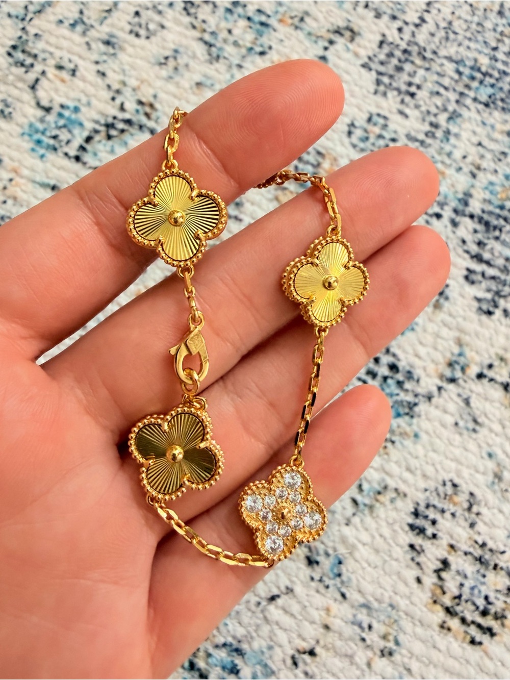 Gold Clover Link Bracelet with Crystal Accents - Timeless Floral Design - Picture 3 of 5